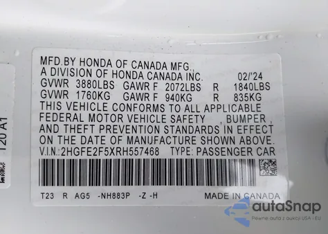 2024 Honda Civic Sport из США, поврежденный, VIN 2HGFE2F5XRH557468